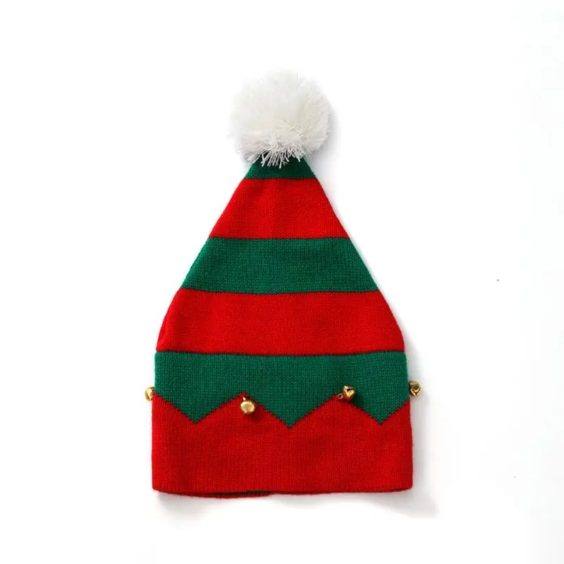 

Toddler Kids Christmas Knitted Elf Hat with Small Bells Contrast Color Wavy Stripes Crochet Pompom Santa Cap Party Supplies