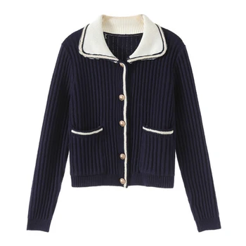 

Single Breasted Navy Cardigan Mujer 2020 Autumn Winter Vintage Turn-down Collar Long Sleeve Vintage Sweater Women