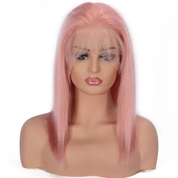 

iVogue Short Pink Human Hair Wigs Straight Bob Wig Virgin Peruvian Remy Human Hair Lace Front Wig with Baby Hair Neat Hair Tail
