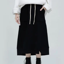 Женские длинные юбки размера плюс, Свободная Женская Асимметричная юбка, эластичная резинка на талии, со шнуровкой, для девушек, флисовая подкладка, зимняя, японская, Черная