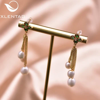 

XlentAg Natural Pearl Tassel Pendant Dangle Earrings Green Zircon Women Party Gift Women Earing Stud Peasonalized Jewelry GE0932
