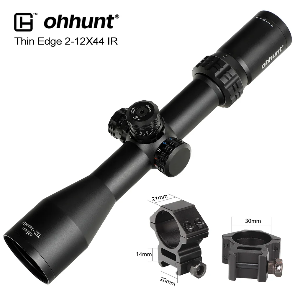 Ohhunt тонкий край 2-12X44 ИК охотничий оптический прицел Mil точка красный зеленый синий светящаяся сетка со стопор башни Сброс прицел - Цвет: Med Picatinny Rings