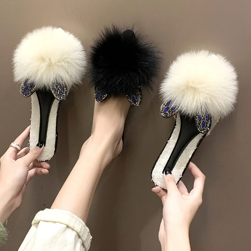 

Cover Toe Slippers Fur Shoes Without Heel Slides Shallow Loafers Fashion Low Plush Flat Luxury 2019 Soft Basic Rubber