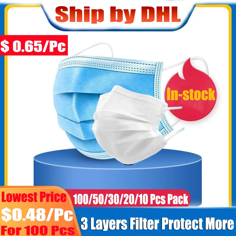 

In-Stock 100pcs/10pcs Anti-infect Safe Breathable Mouth Masks Disposable Earloop Face Hypoallergenic Masks Anti viruswater Masks