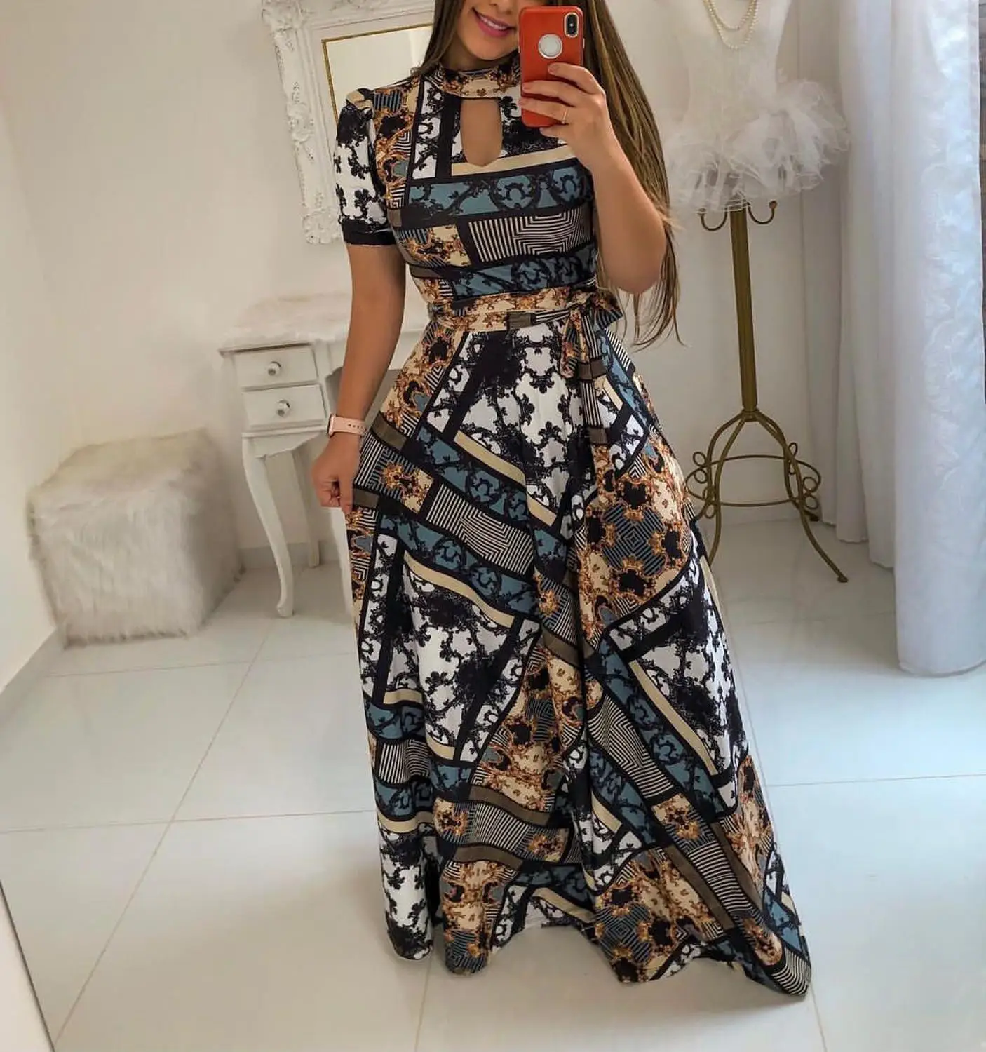 

2019 Summer European and American hot OL style fashion women sexy high collar short-sleeved print slim waist long dress BMD2280