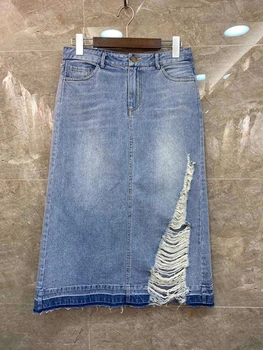

2020 Spring and Autumn New Style Women's Versatile Street with Holes Slit Cowboy Skirt 0320