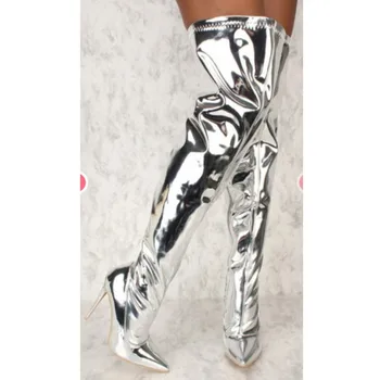 

Mirror Pu Over The Knee Women Boots Super High Heels Pointed Toe Boot Female Shoes New Winter Warm Footwear Plus Size