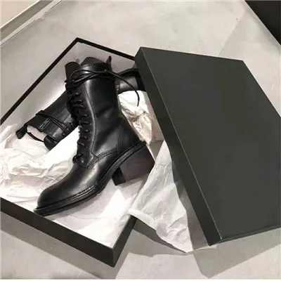 black 5.5cm Runway Motorcycle boots Woman Chunky Heels Genuine Leather Ankle Boots Women Fashion Women's Round Toe Punk Boots - Цвет: black 5.5cm