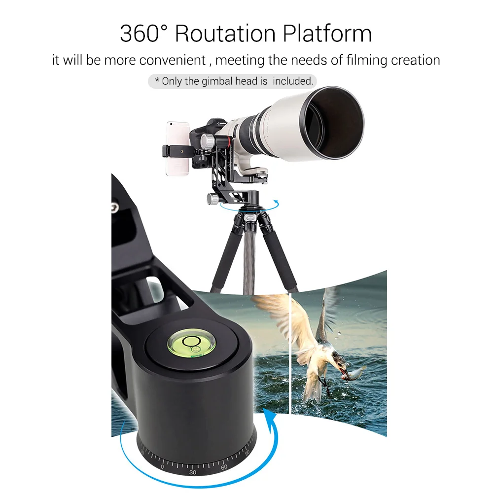 Panoramic Gimbal Tripod Head with QR Plate 1/4 Inch & 3/8 Inch Screw for Birdwatching Camera Smartphone Max. Load 25kg/55lb