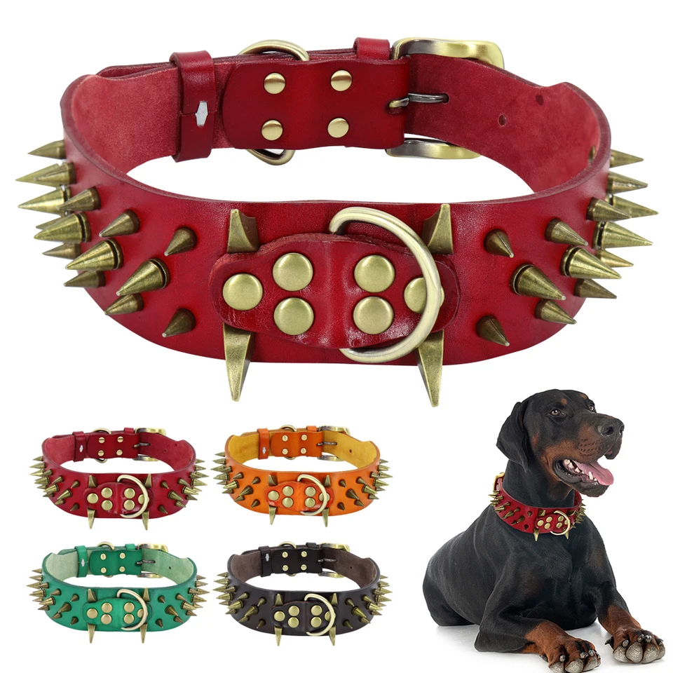 Berry Pet Sharp Spiked Studded Dog Collar - Stylish Leather Dog Collars - 2 inch in Width Fit for Medium & Large Dogs - Such As Pitbull Mastiff - Blac