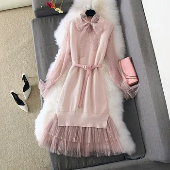 

2019 Autumn Winter Bow Tie Sweet Mesh Dress+long Sleeveless Sweater with Sashes Girls Lady Sexy Dresses Sets Women 2 Piece Set