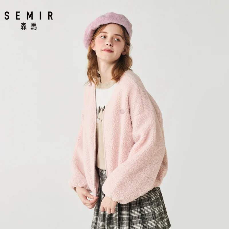SEMIR короткая женская куртка Зимняя Новая Популярная свободная куртка большого размера с v-образным вырезом имитация ягненка кашемировое теплое пальто