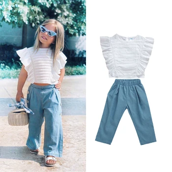 

2pcs Toddler Kids Baby Girls Outfits Clothes Summer White Ruffle T-shirt Tops+Denim Long Pants Trousers Set Clothes