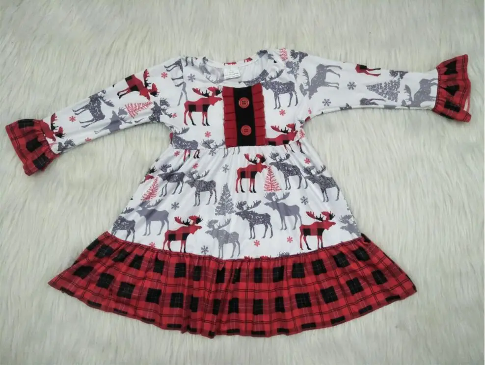 

Baby Dresses Girl Fall Winter Toddler Baby Girl Dress Long Sleeve Reindeer Pint Red And Black Plaid Ruffle Clothes Dresses