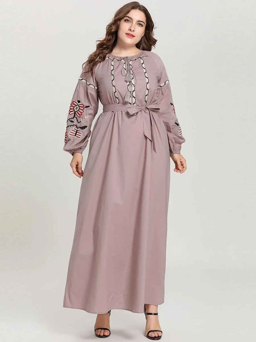 BNSQ Plus Size Abaya Muslim Dress Fashion Large Women Embroidery Tie Puff Long Muslim Casual Maxi Caftan Pakistani Turkey