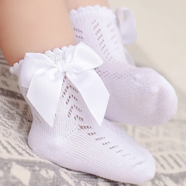 Summer Baby Girls Socks Toddlers Bow Long Sock Kids Knee High Soft Cotton Mesh Spanish Style Children 0-5 Years Breathable Socks White