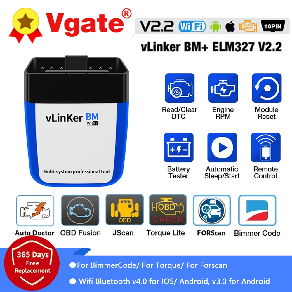 Автомобильный диагностический сканер Vgate vLinker BM + ELM327 V2.2 Bluetooth 4 0 wifi OBD 2 OBD2 ELM 327 |