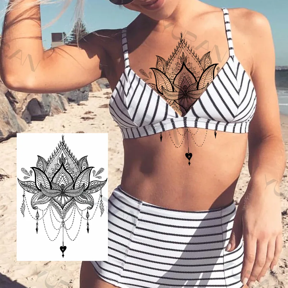Temporary Tattoos Women Girl Big Arm Owl Fake Henna India Mandala Flower Black Turtle Lace Stickers
