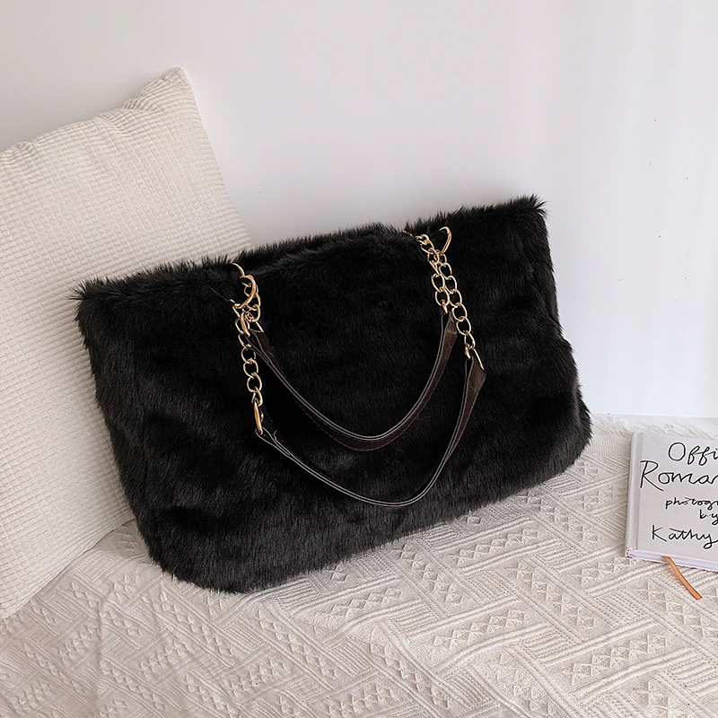 winter tote casual large handbags leopard plush wool lady top-handle bags large capacity satchel women shoulder bag