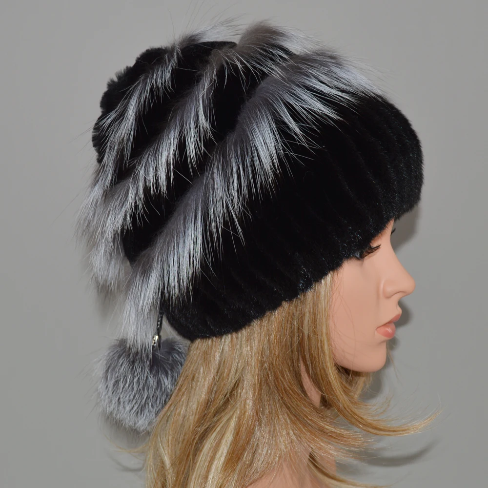 Hot Fashion Winter Warm Women Knitted Real Mink Fur Caps Natural Real Mink Fur Hats Genuine Real Sliver Fox Fur Beanies Hat