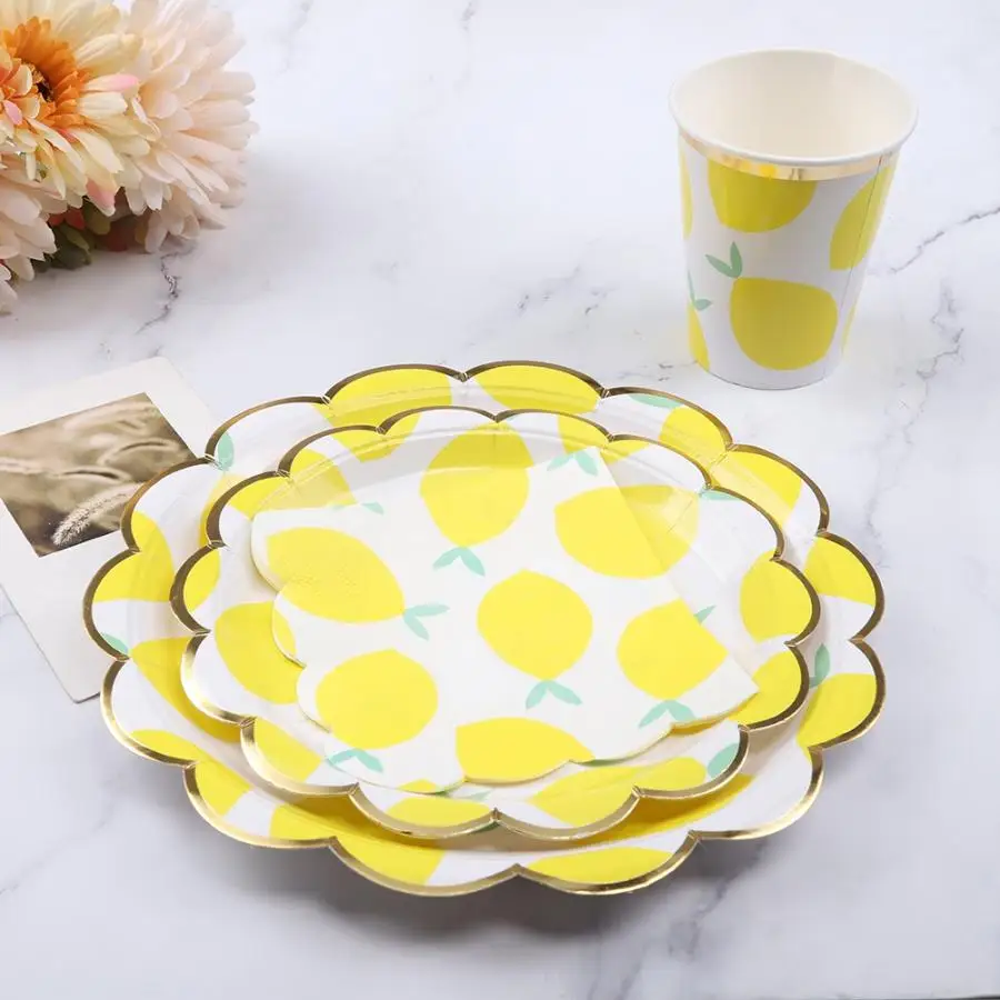 Одноразовая посуда набор милый лимон фрукты Тематические Свадебные одноразовые бумажные кружки, тарелки, салфетки набор посуды