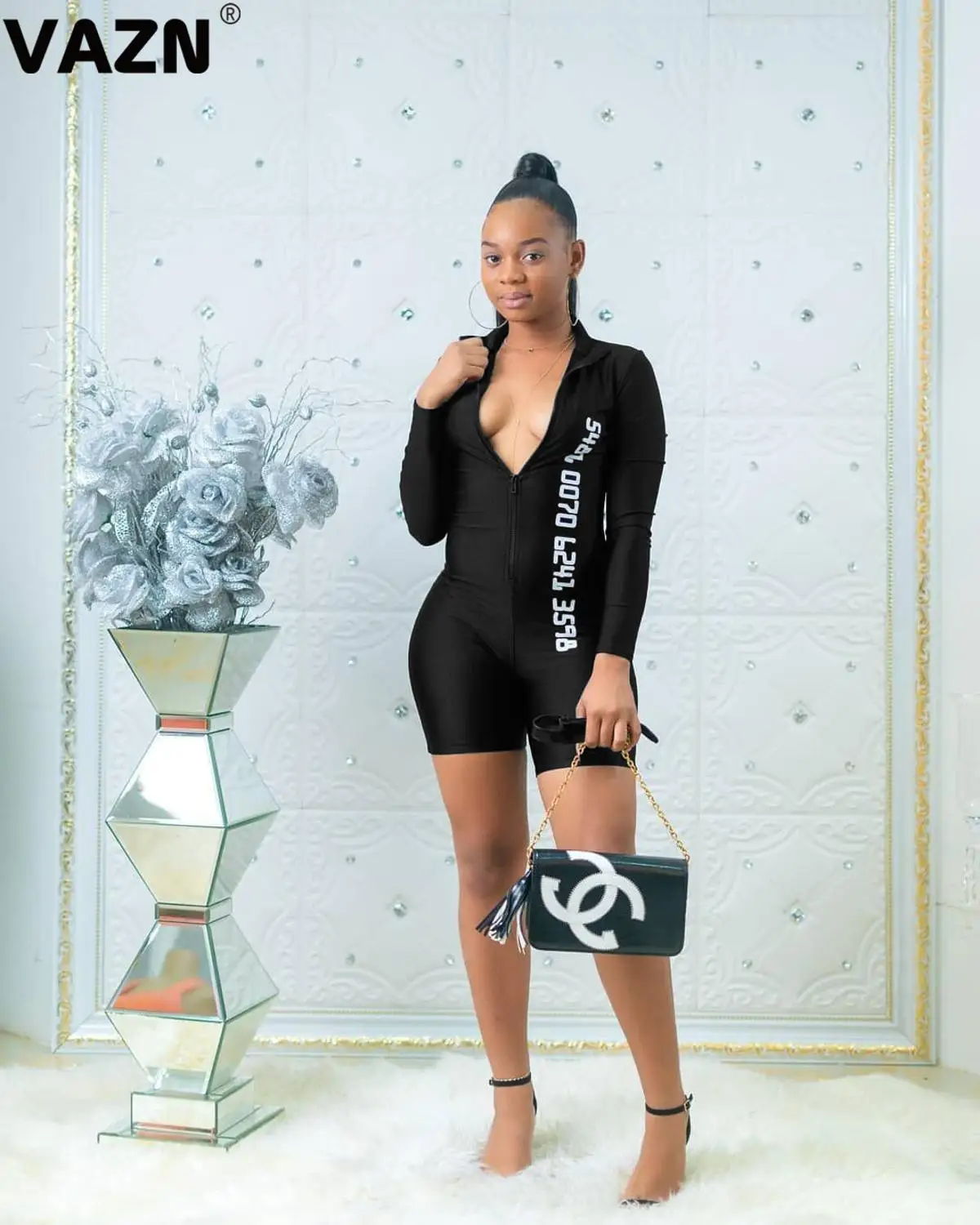 VAZN BN-020 новые модные спортивные костюмы Комбинезоны с длинным рукавом Bodycon v-образным вырезом с длинным рукавом Женские бандажные буквы карандаш костюмы