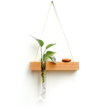 

Wood Glass Test Tube Wall Vase Hydroponic Plant Flower Pot Handmade Jardiniere Home Decor Creative Ornament Pendant Style 2