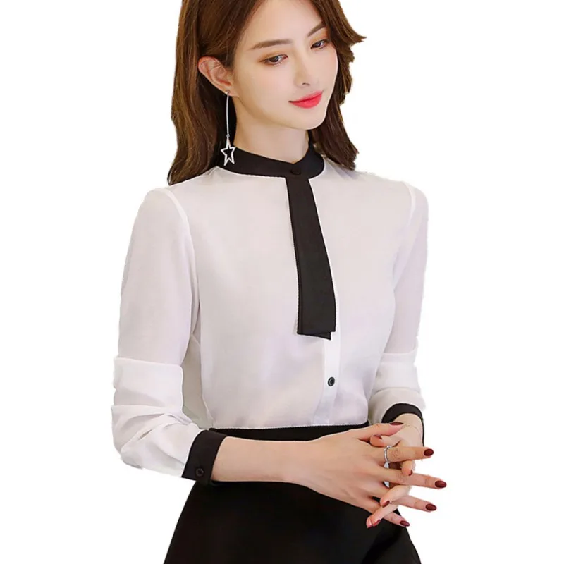 Elegant Woemn Korean Chiffon Blouse Casual Long Sleeve Womens Tops and Blouses Office Ladies Round Collar White Shirt 2022
