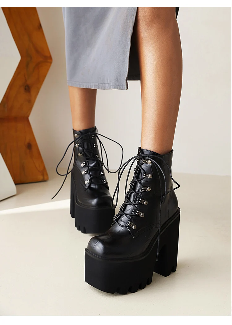 Stone Pattern Fashion Lace-Up Thick-Heeled Thick-Soled Motorcycle Boots Ultra-High Waterproof Platform Side Zipper Women's Shoes