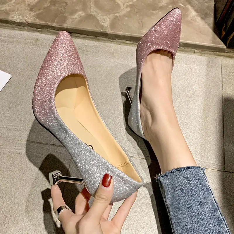 

JUNSRM New 6CM Woman High Heels Dress Pumps Women Fashion Crystal Sequin Party Pointed Toe Wedding Thin Heels Shoes Size 34-40
