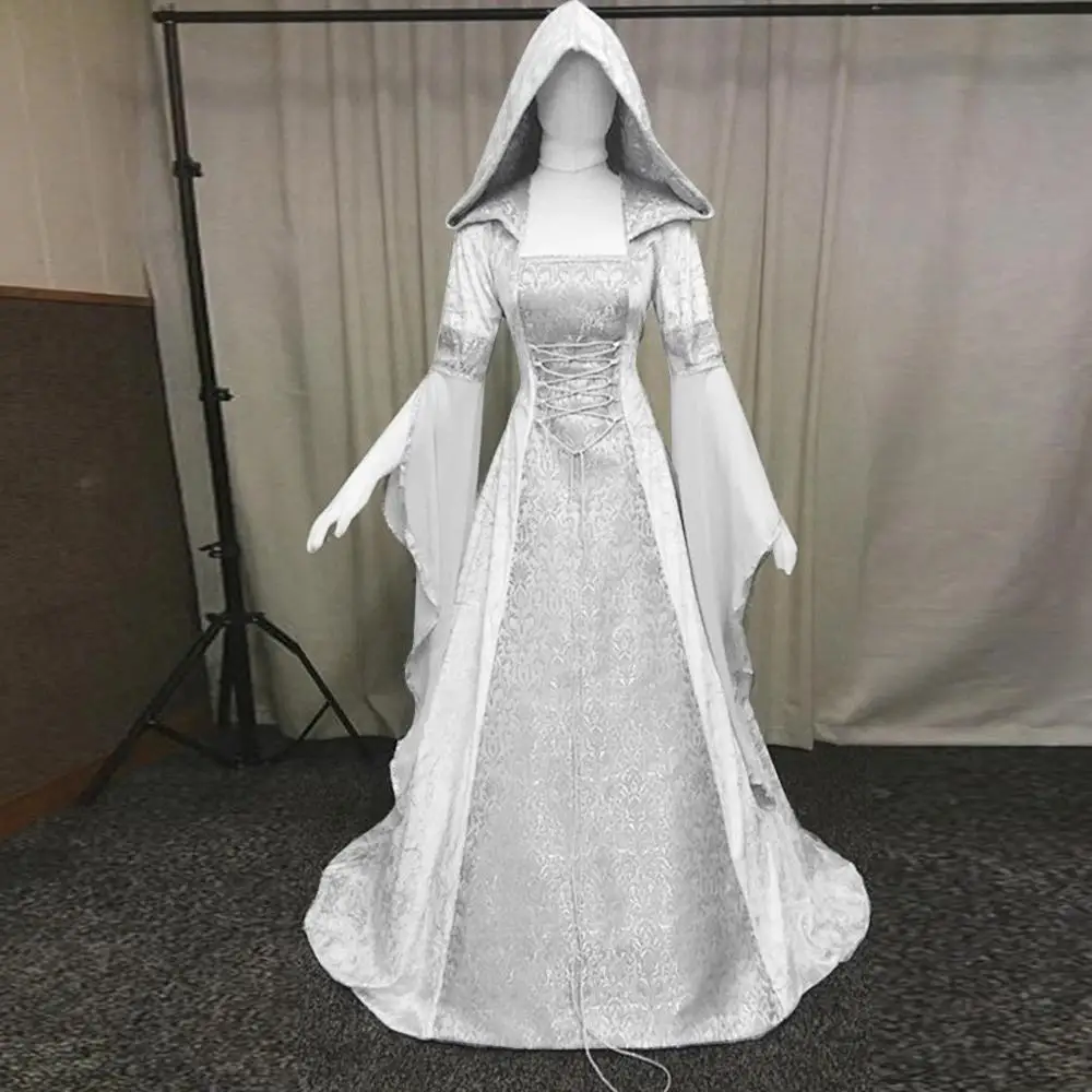 white Хэллоуин викторианский костюм платье косплей костюмы страшный вампир ведьма одежда женский средневековый маскарадный костюм черное модное платье макси - Цвет: white
