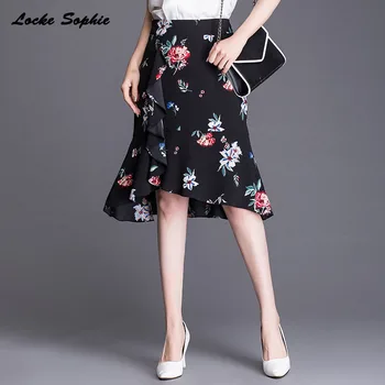 

Women's plus size A-line skirts 2020 Summer Fashion Chiffon Ruffles Small Floral prints Splicing high waist Ladies Skinny skirts