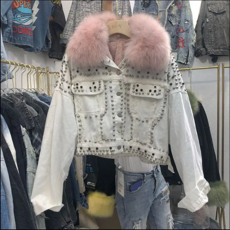 real fur Новинка, Воротник из натурального Лисьего меха, с заклепками, утолщенная короткая джинсовая куртка плюс велюровая внутренняя джинсовая зимняя куртка casacos de inverno Feminino - Цвет: real fur