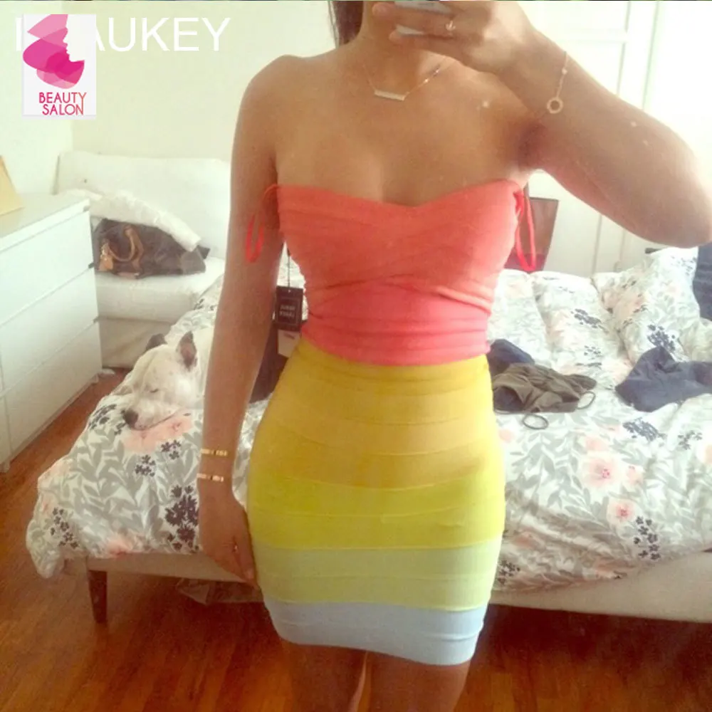 

Rainbow Gradient Strapless Sweetheart 2015 Sexy Women Elastic Knitted Multi Color Mini Ombre Bodycon Bandage Dress