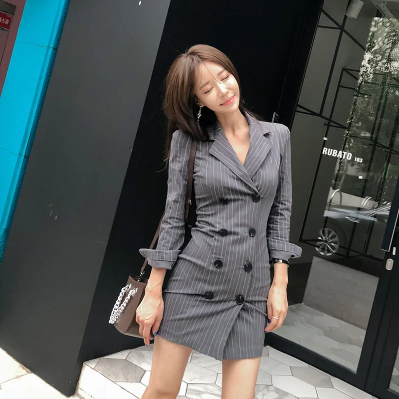 

Women Print Striped Mini Blazer Dress Gray Double Button OL Office Work Dress Women A-Line Package Hip Autumn Dress Plus Size