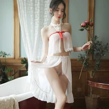 Белое сексуальное прозрачное женское белье соблазнительное кружево Висячие шеи топы шифон для женщин пижамы набор домашнее платье Ночная рубашка костюм