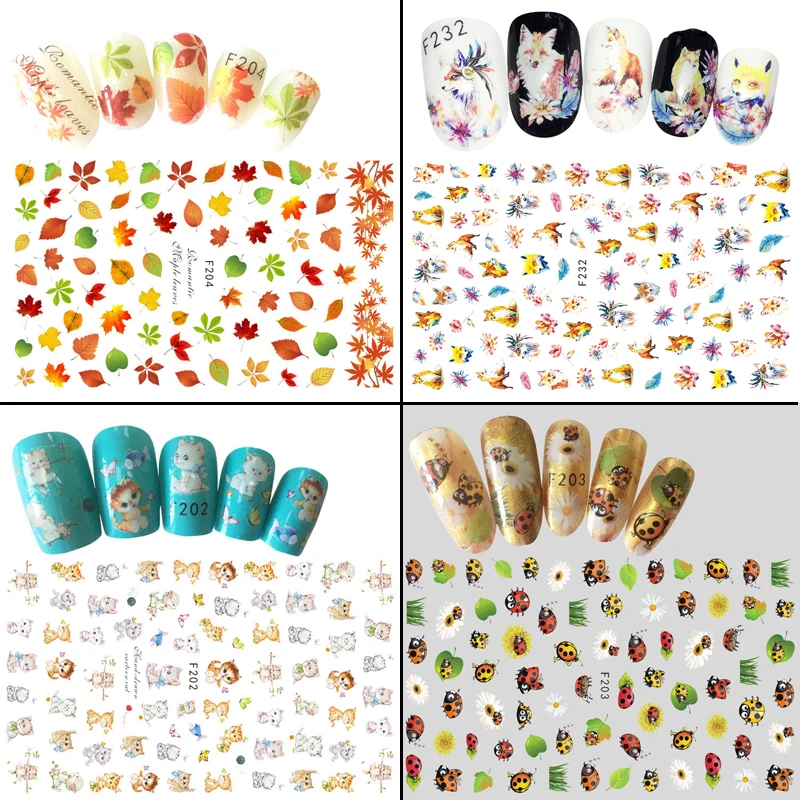 

3D Stickers for Nails Cat Fox Ladybug Nail Sticker Maple leaf Adhesive Art Slider Decals Design Manicure Tips Foil Wraps