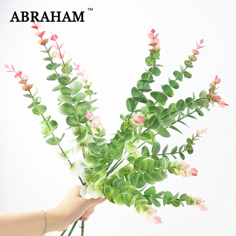 

75cm 5fork Long Branch Artificial Pink Eucalyptus Plastic Plant Bouquet Fake Tree Leafs Faux Flower Material for Home Decoration