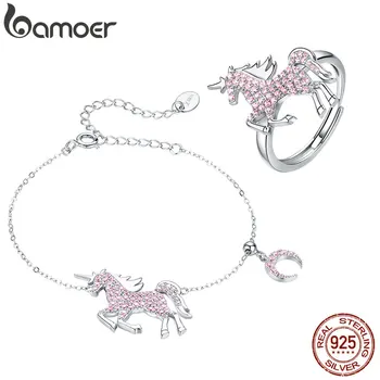 

bamoer Pink Zirconia Fancy Unicorn Bracelet and Finger Rings for Women 925 Sterling Silver Licorne Jewelry Gifts for Girl GUS147