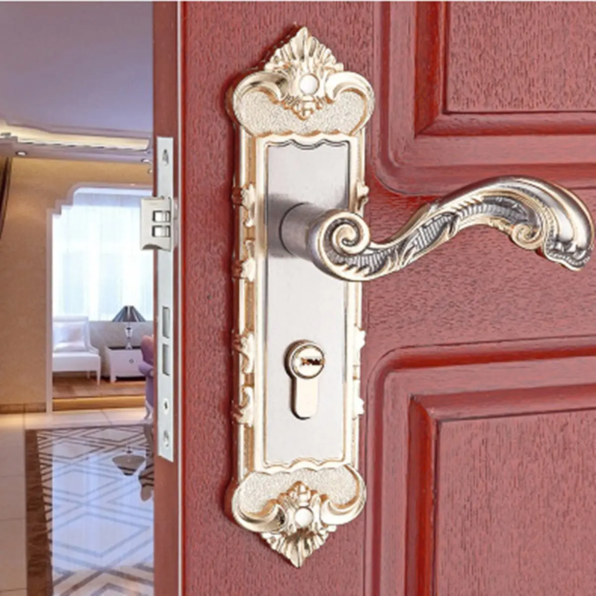 

Door Entry Handle Dual Latch Locks Set with 3 Keys Fashion Antique Security Home