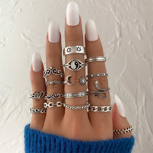 Vintage Ancient Silver Color Ring Set For Women Girls Snake Wave Sun Rings Gothic Charm Finger Rings Fashion Jewelry Gifts