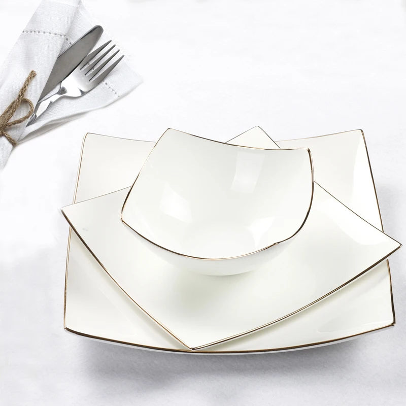 

European Bone China Square dining plate Dinnerware Soup Bowls High Quality Desser dishes Steak salad plate Dinnerware Set