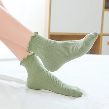 

Female Spring Autumn Season Sock All-match Double Needle Long Tube Socks Cotton Fungus lace Breathable Solid Color