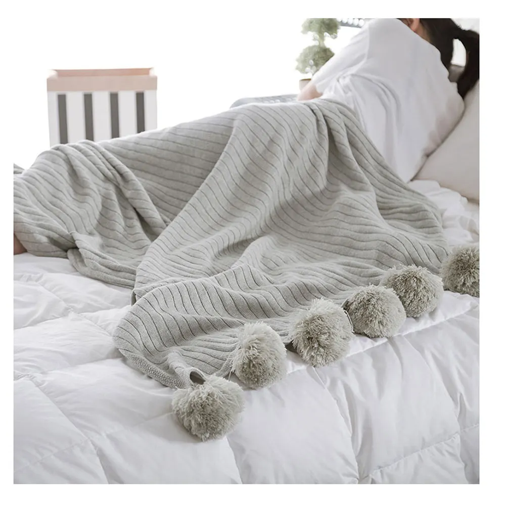 gray 150cmx200cm Soft Cotton Blanket Adorable Hair Ball Blanket Home Bedroom Knitted Blankets DEC889 - Color: gray 150cmx200cm