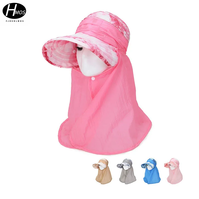 

FJHERLMOS summer multi-functional sunscreen beach hat with removable top sunshade chiffon long brim hat ladies hat riding mask