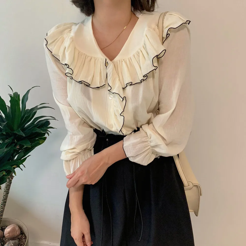 

Autumn Vintage Women Blouses Long Sleeve Ruffle Trim Korean Chic Blusas Mujer Winter Vestidos Casual Tops Femme Elegant