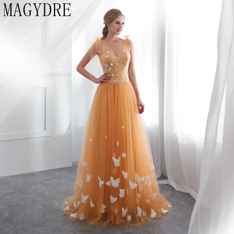 Style A Оранжевое платье с аппликацией из тюля, вечернее платье с бантом на тонких бретелях, элегантное платье в пол с поясом, платье без рукавов MAGYAR - Цвет: Style A