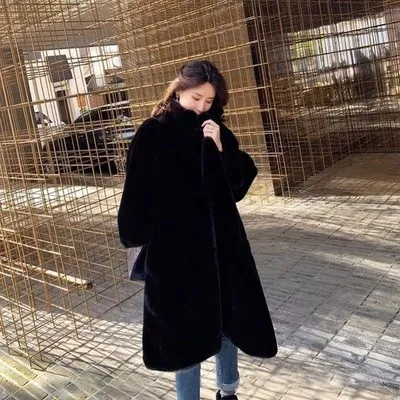 Зимнее женское высококачественное пальто из искусственного кроличьего меха, роскошное длинное меховое пальто, Свободное пальто с отворотом, толстое теплое женское плюшевое пальто больших размеров - Цвет: Черный