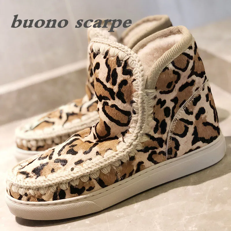 

2019 new female fur one leopard pattern warm non-slip flat bottom thickening plus velvet snow boots