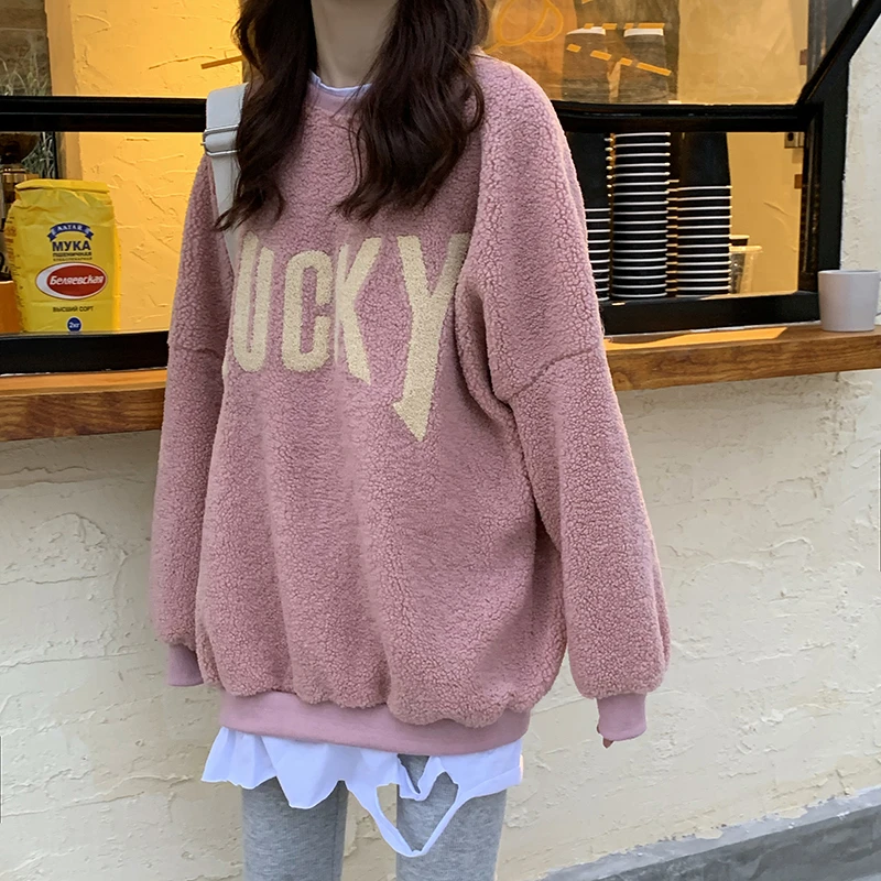 Поддельные двухсекционные Ulzzang из овечьей шерсти женские зимние новые корейские ins Harajuku винтажные свободные шикарные повседневные женские толстовки с надписью Lucky
